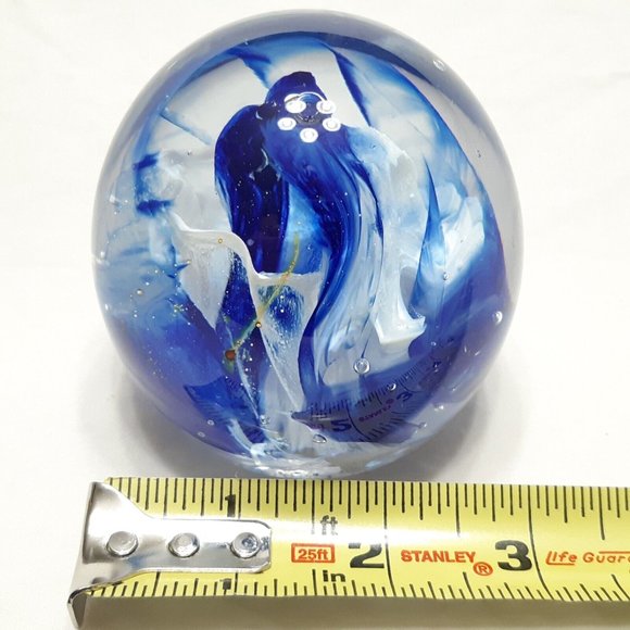 Vintage Kerry Glass Paperweight Round Size Small Blue Swirl Latticinio 3 in Tall - Picture 2 of 10